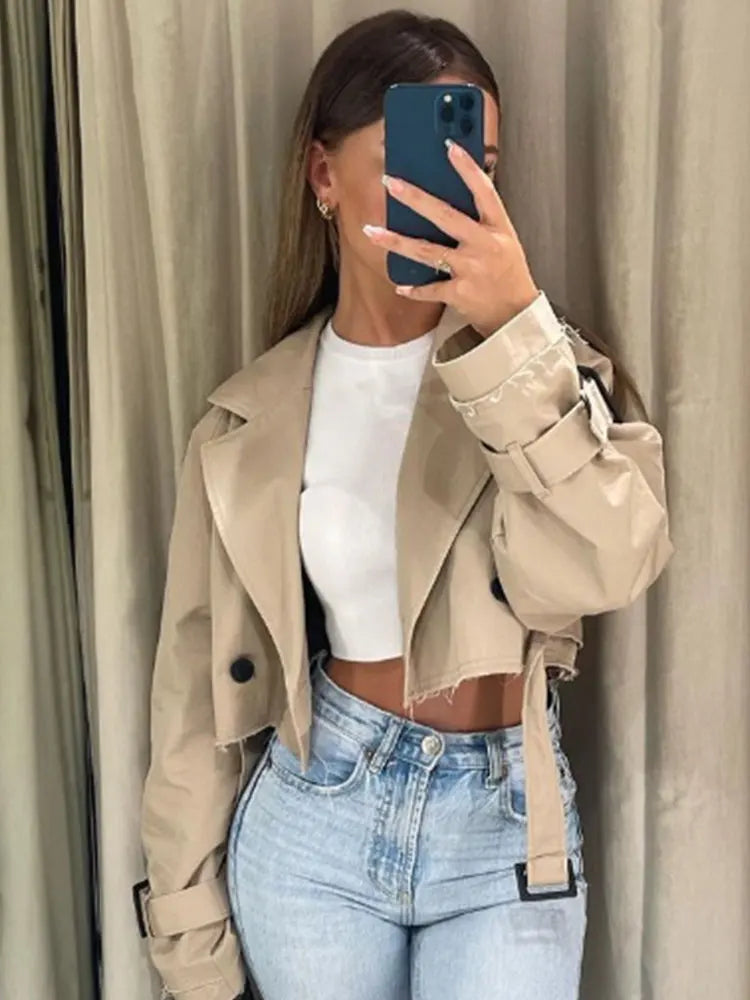Belted Cropped Trench Spring Jacket Women