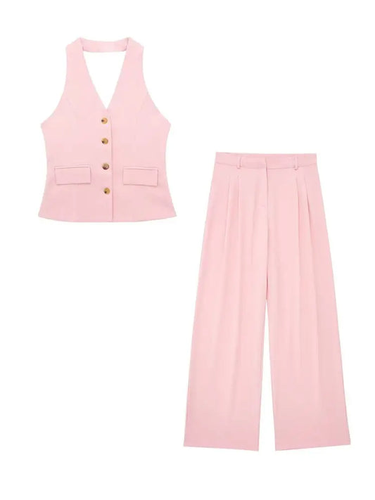 2 Piece Sleeveless Halter Vest, Zipper Pockets, Wide Leg Pant