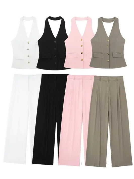 2 Piece Sleeveless Halter Vest, Zipper Pockets, Wide Leg Pant